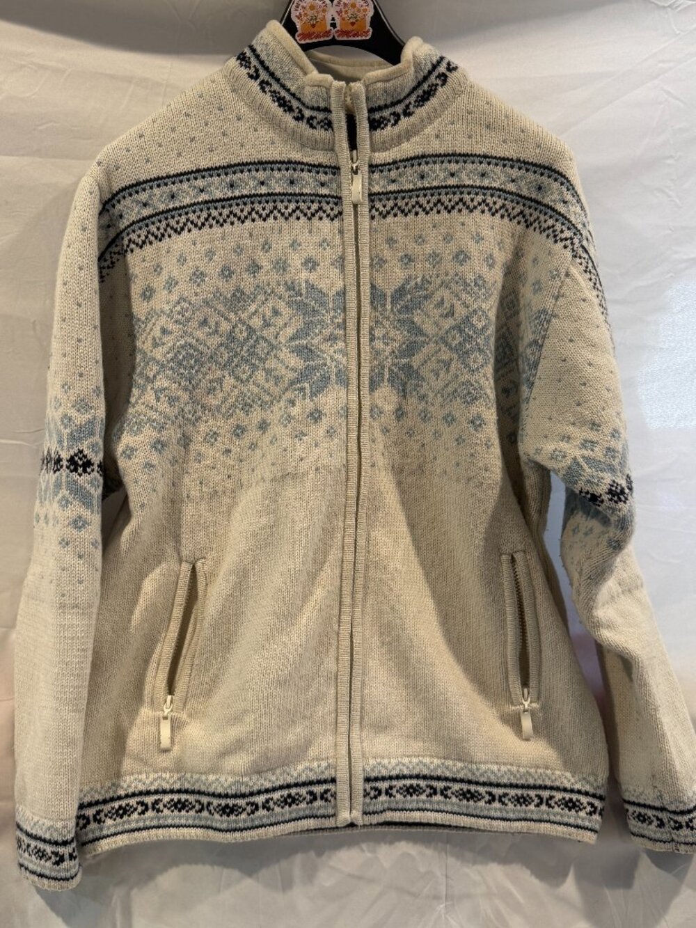 Vintage Norwegian Wool Windproof zipper Cardigan Sweater off-White Blue Unisex ￼